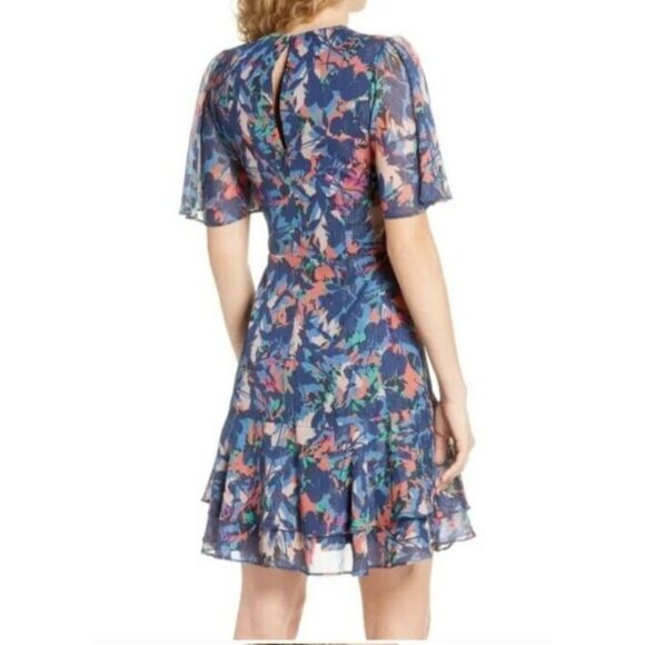 Harlyn Dress Womens M Blue Metallic Abstract Ruffled Lined V-Neck Flutter Sleeve - Picture 7 of 16